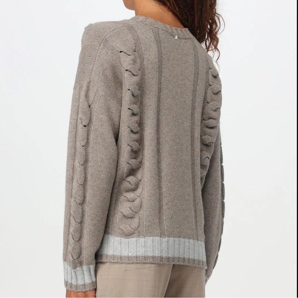 Lorena Antoniazzi | Cable Knit V-Neck Sweater | Taupe | 38 | NWOT - Picture 4 of 12